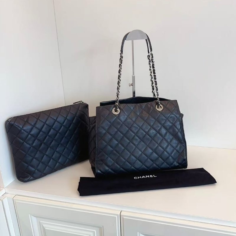 香奈兒/Chanel 黑銀菱格牛皮 雙C吊墜子母Tote-6