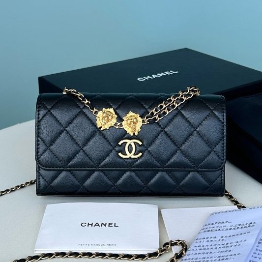 芯片款 香奈兒/Chanel 黑金羊皮獅子頭鏈條斜背包-5