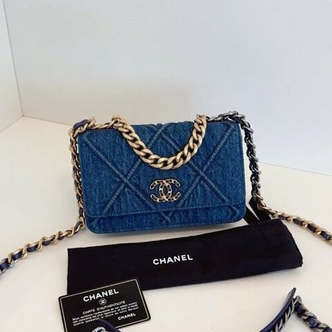 近新品 香奈兒/Chanel 深色丹寧金扣19bag繫列Woc鏈條包