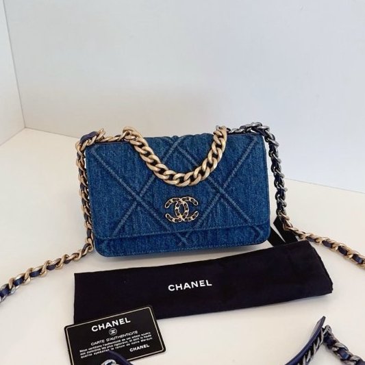 近新品 香奈兒/Chanel 深色丹寧金扣19bag繫列Woc鏈條包-0