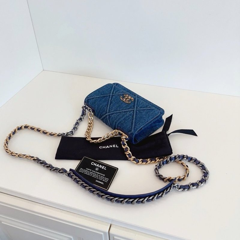 近新品 香奈兒/Chanel 深色丹寧金扣19bag繫列Woc鏈條包-4