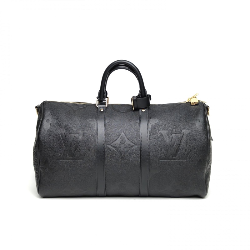 LOUIS VUITTON 黑色牛皮金扣晶片KEEPALL45壓紋肩背包-2