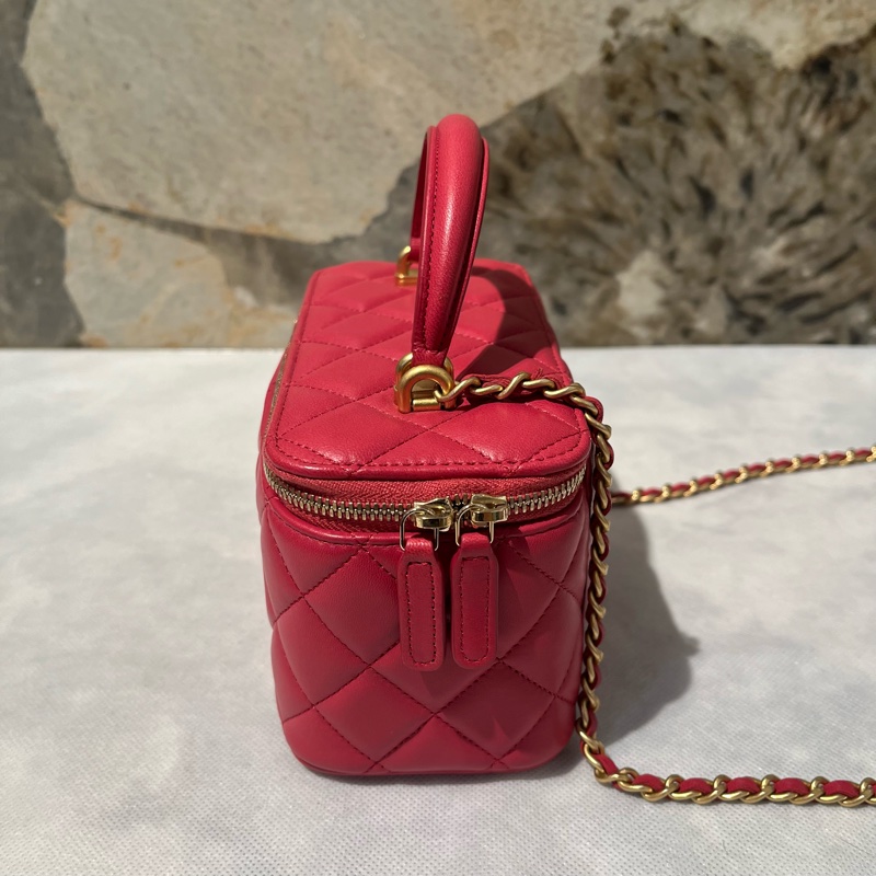 Chanel莓紅羊霧金鏈handle長方盒-2