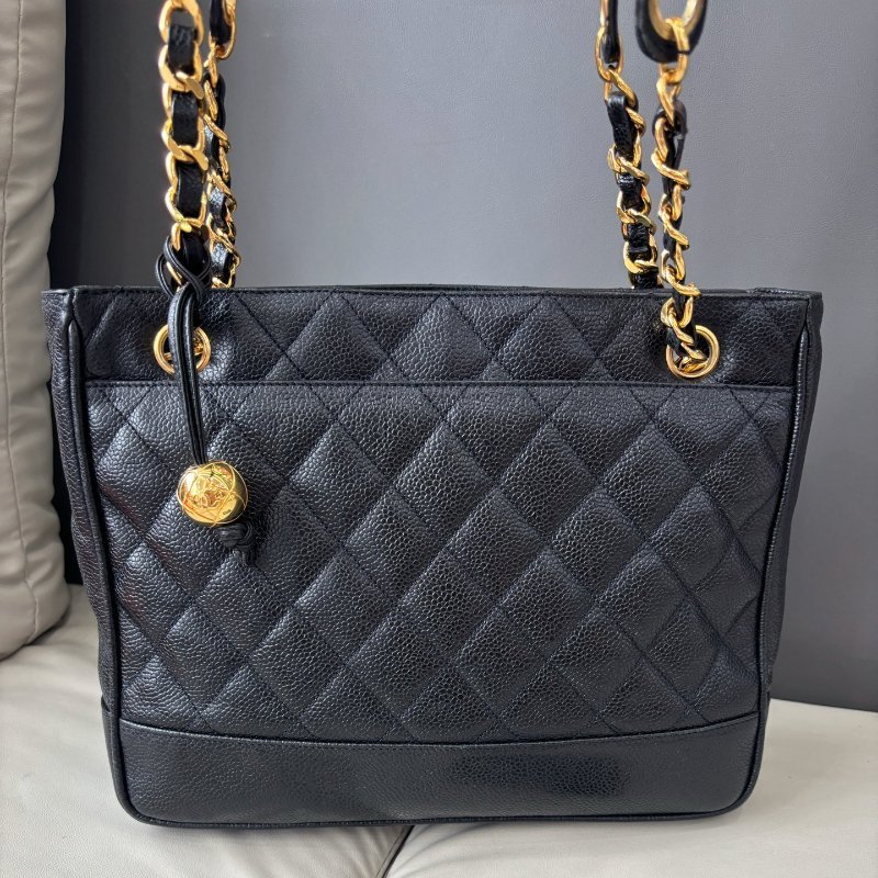 香奈兒/Chanel 黑金荔枝紋牛皮金球tote包-5