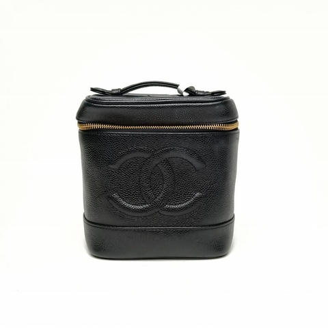 CHANEL 中古黑金牛化妝箱黑色荔枝牛皮6開金扣