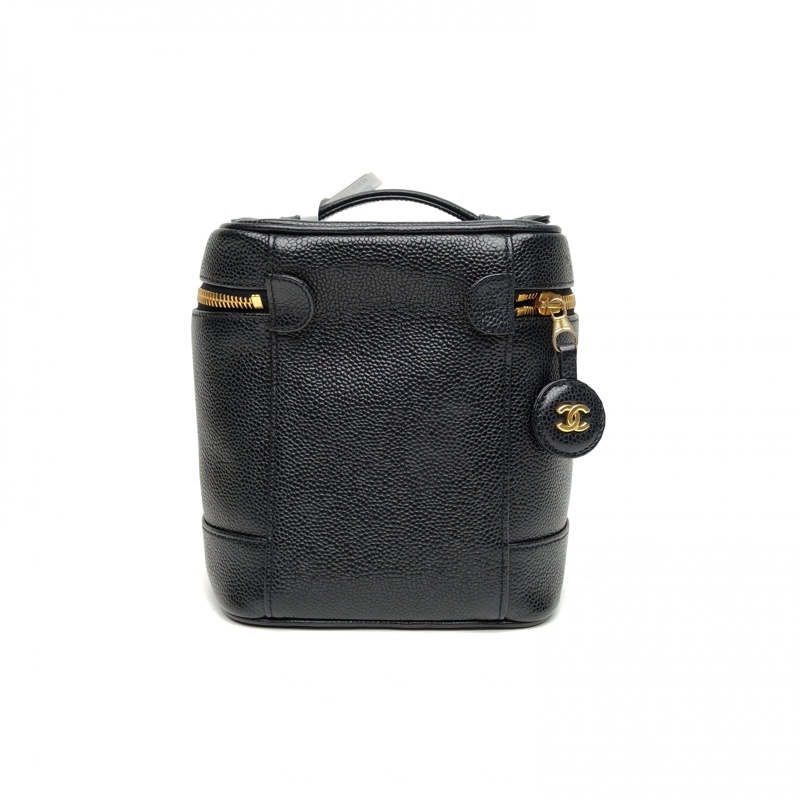 CHANEL 中古黑金牛化妝箱黑色荔枝牛皮6開金扣-2