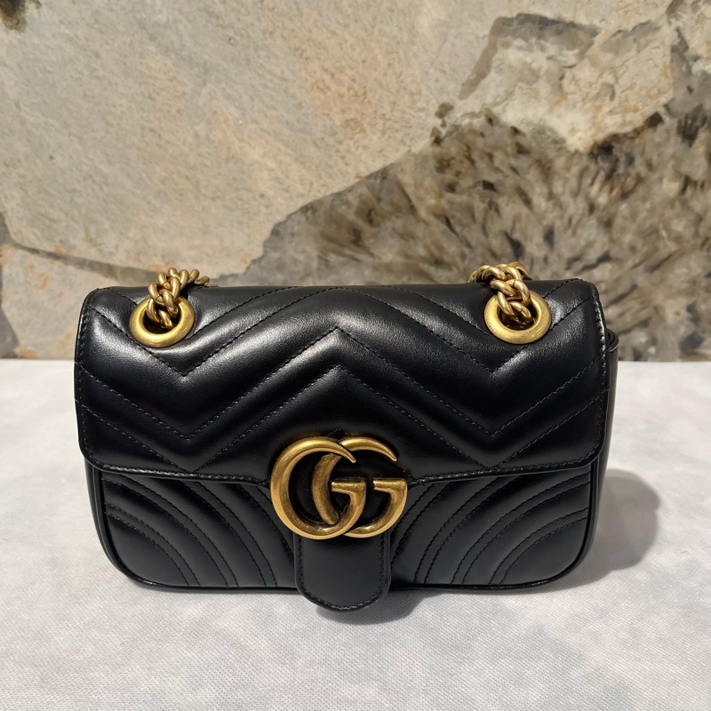 Gucci 黑金牛皮marmont 22cm掀蓋斜背包-0