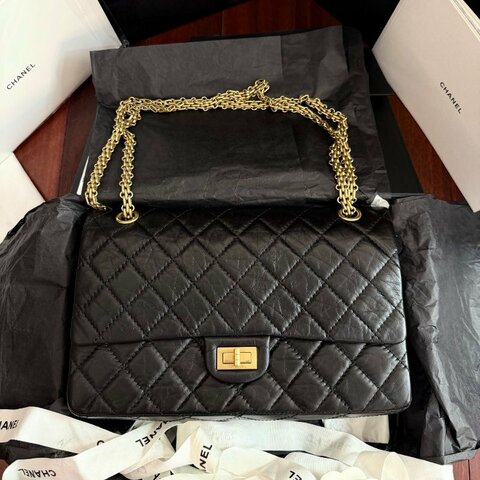 全新品 香奈兒/Chanel 2.55黑金中號 褶皺複古牛皮鏈條包 芯片款