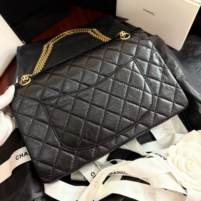 全新品 香奈兒/Chanel 2.55黑金中號 褶皺複古牛皮鏈條包 芯片款-1