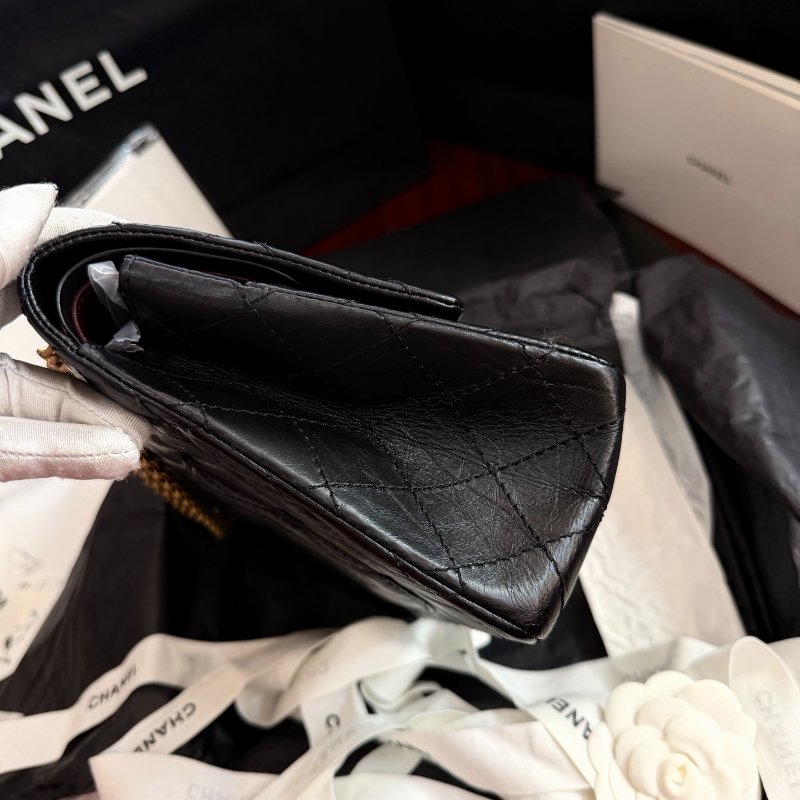 全新品 香奈兒/Chanel 2.55黑金中號 褶皺複古牛皮鏈條包 芯片款-2