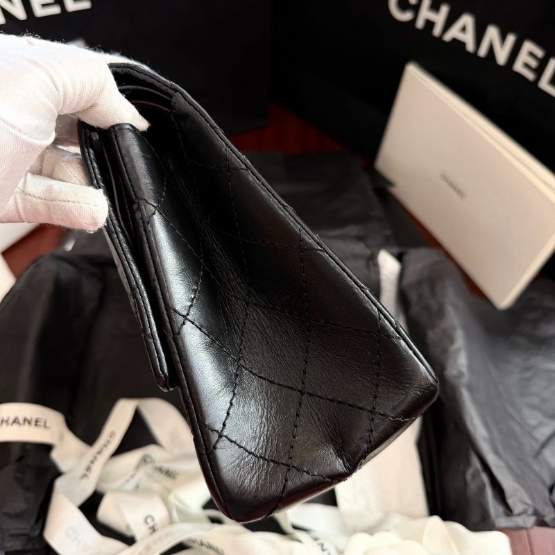 全新品 香奈兒/Chanel 2.55黑金中號 褶皺複古牛皮鏈條包 芯片款-3