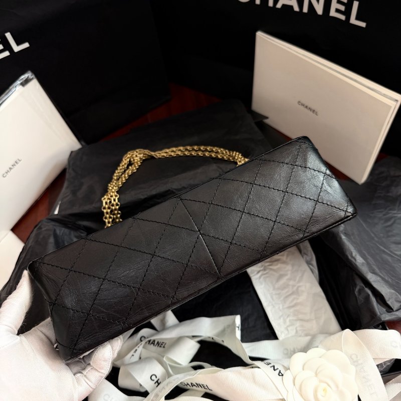 全新品 香奈兒/Chanel 2.55黑金中號 褶皺複古牛皮鏈條包 芯片款-4
