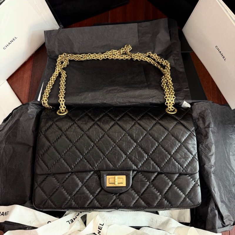 全新品 香奈兒/Chanel 2.55黑金中號 褶皺複古牛皮鏈條包 芯片款-5
