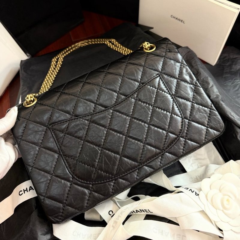全新品 香奈兒/Chanel 2.55黑金中號 褶皺複古牛皮鏈條包 芯片款-6
