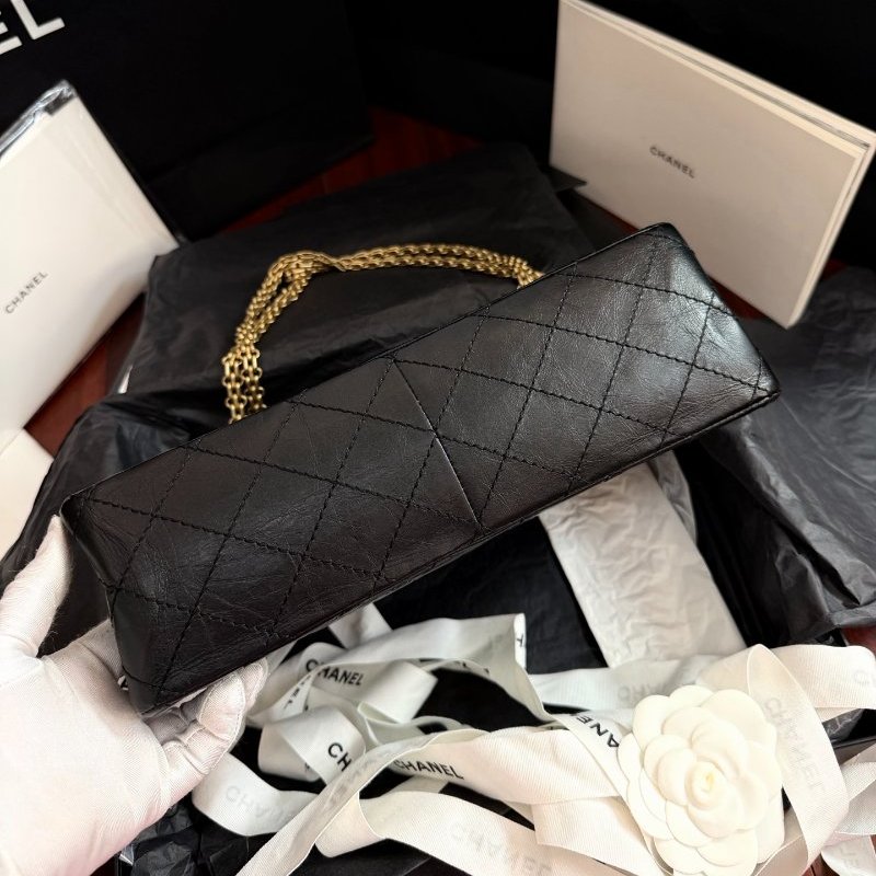 全新品 香奈兒/Chanel 2.55黑金中號 褶皺複古牛皮鏈條包 芯片款-7