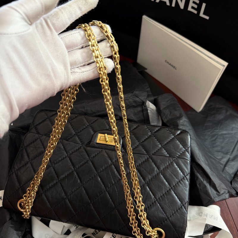 全新品 香奈兒/Chanel 2.55黑金中號 褶皺複古牛皮鏈條包 芯片款-8