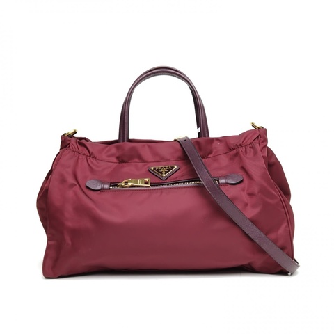 PRADA 酒紅色尼龍金扣prada降落傘手提包