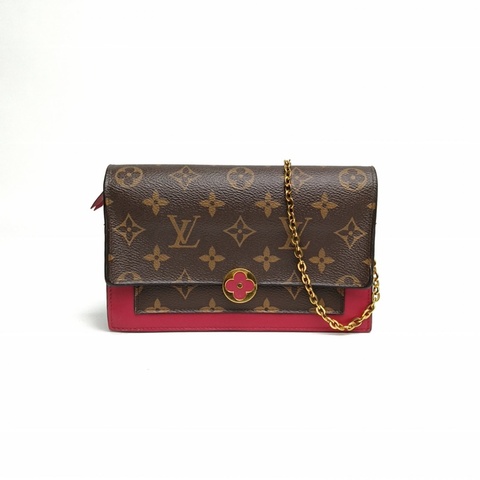 LOUIS VUITTON FLORE花朵扣鏈條WOC拼紅色牛皮拼帆布