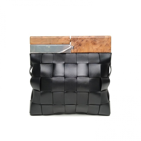 BOTTEGA VENETA 黑色羊皮Snap編織手拿包
