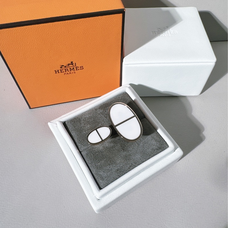 Hermes 愛馬仕  Verso 18K 玫瑰金 白陶瓷豬鼻子戒指，超大號，戒圈 53 號-1
