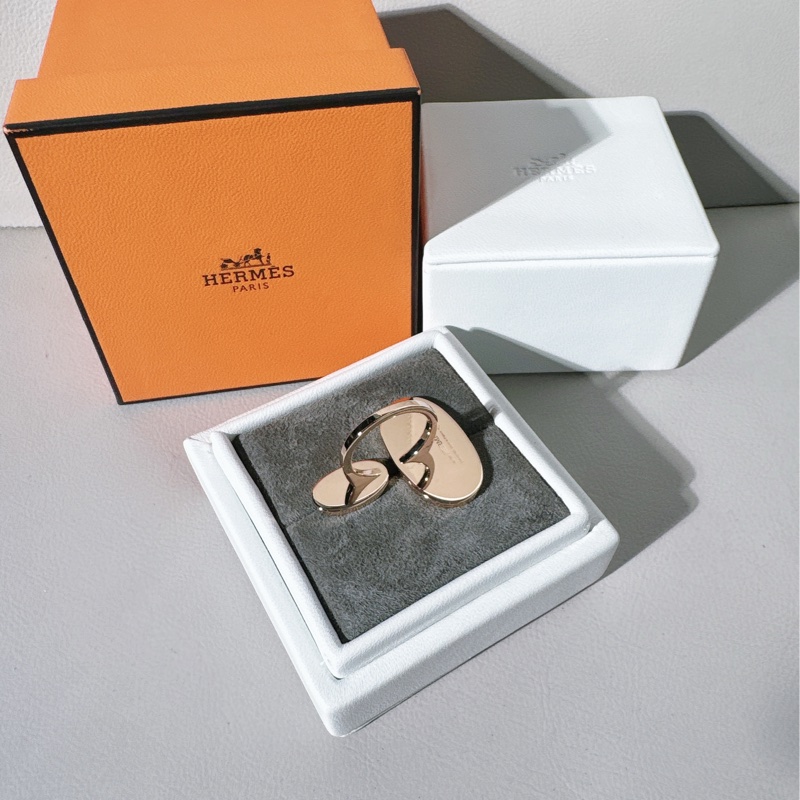 Hermes 愛馬仕  Verso 18K 玫瑰金 白陶瓷豬鼻子戒指，超大號，戒圈 53 號-3