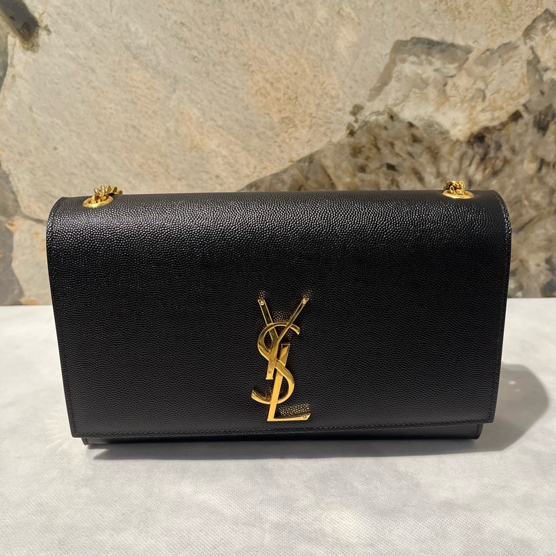 YSL黑色牛皮荔枝牛金扣Kate 掀蓋鏈包-0