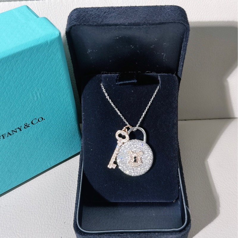 Tiffany 蒂芙尼鉑金品 18K 玫瑰金滿鑽大號鎖頭+鑰匙項鍊-0