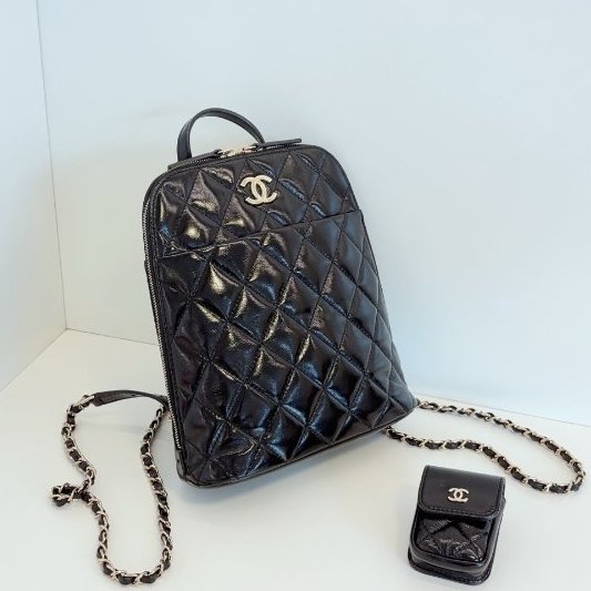 閒置新 香奈兒/Chanel 貝殼黑金油蠟皮 雙肩子母包-2