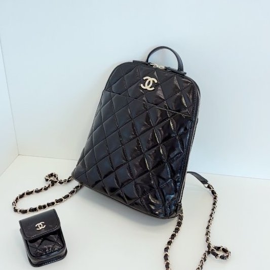 閒置新 香奈兒/Chanel 貝殼黑金油蠟皮 雙肩子母包-3