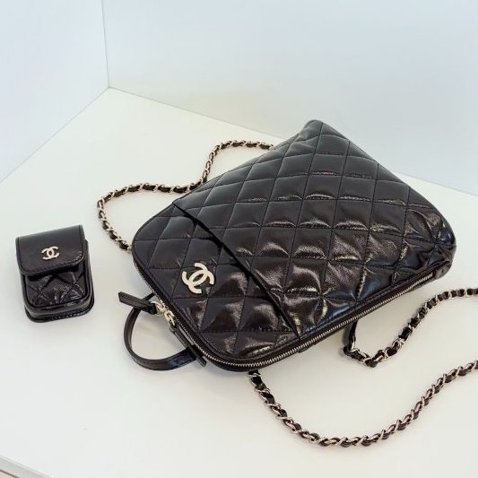 閒置新 香奈兒/Chanel 貝殼黑金油蠟皮 雙肩子母包-5