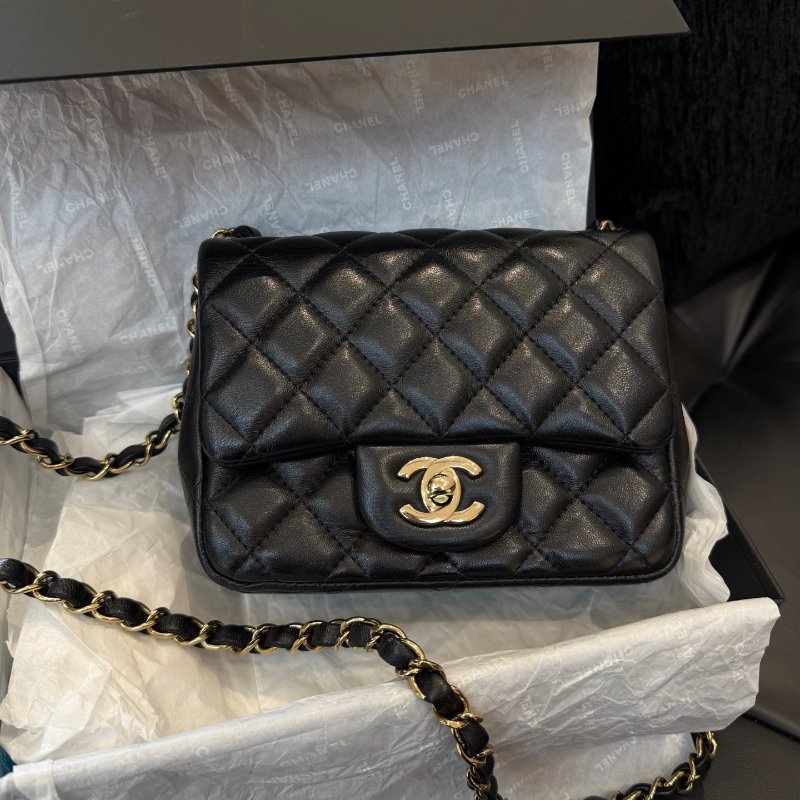 芯片款 香奈兒/Chanel 黑金菱格紋羊皮方胖子鏈條包-0