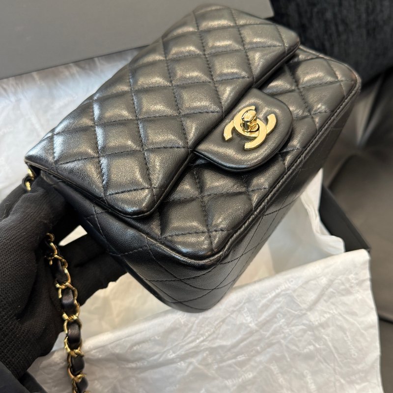 芯片款 香奈兒/Chanel 黑金菱格紋羊皮方胖子鏈條包-3