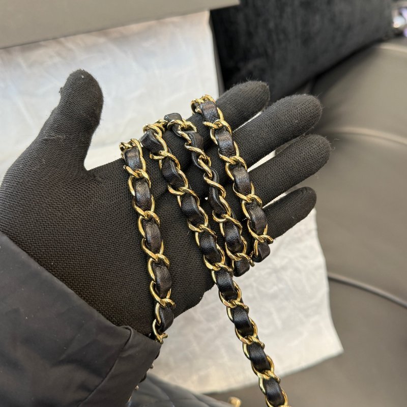 芯片款 香奈兒/Chanel 黑金菱格紋羊皮方胖子鏈條包-9