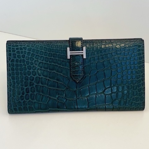 Hermes 愛馬仕 bearn 長款兩折錢包手拿包 綠銀扣 霧面方塊鰐魚