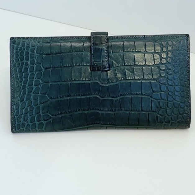 Hermes 愛馬仕 bearn 長款兩折錢包手拿包 綠銀扣 霧面方塊鰐魚-1