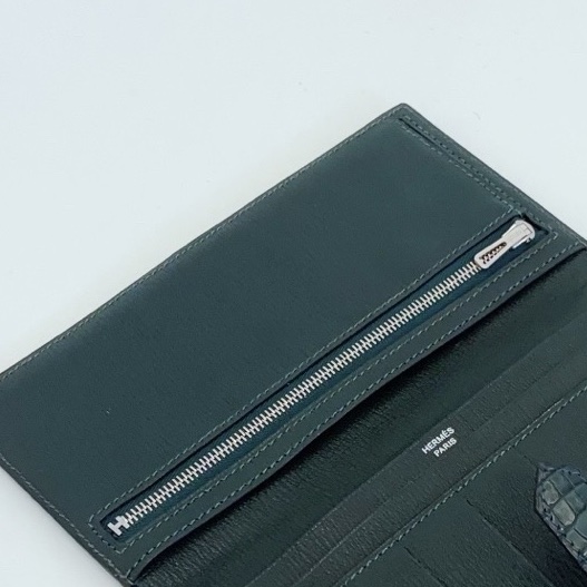 Hermes 愛馬仕 bearn 長款兩折錢包手拿包 綠銀扣 霧面方塊鰐魚-5