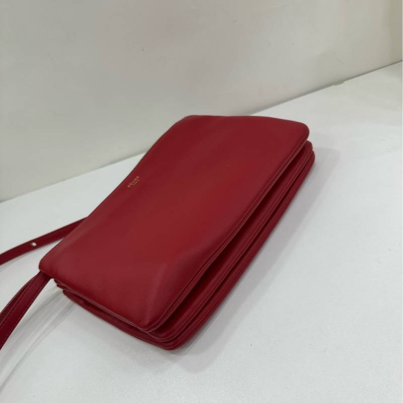 CELINE trio 小號 紅色 羊皮 三層包-5