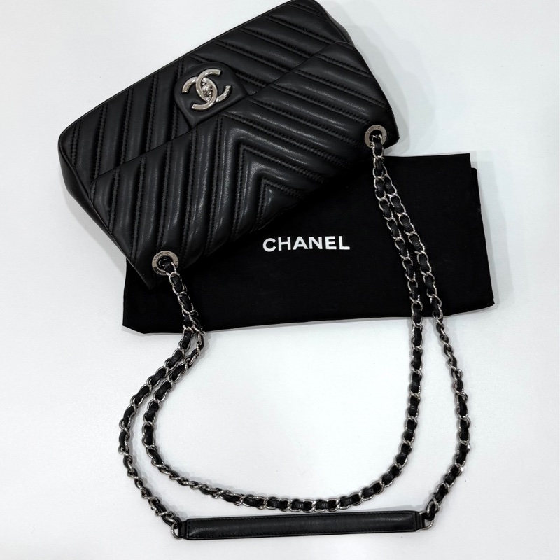 CHANEL 香奈兒 CF V紋 銀釦 黑 鍊條包 斜背包 手提包 側背包-4