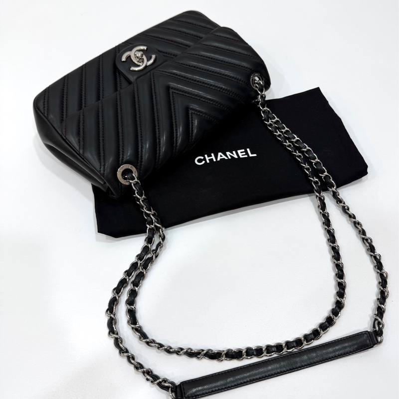 CHANEL 香奈兒 CF V紋 銀釦 黑 鍊條包 斜背包 手提包 側背包-5