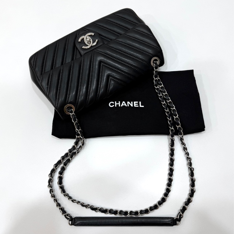 CHANEL 香奈兒 CF V紋 銀釦 黑 鍊條包 斜背包 手提包 側背包-10