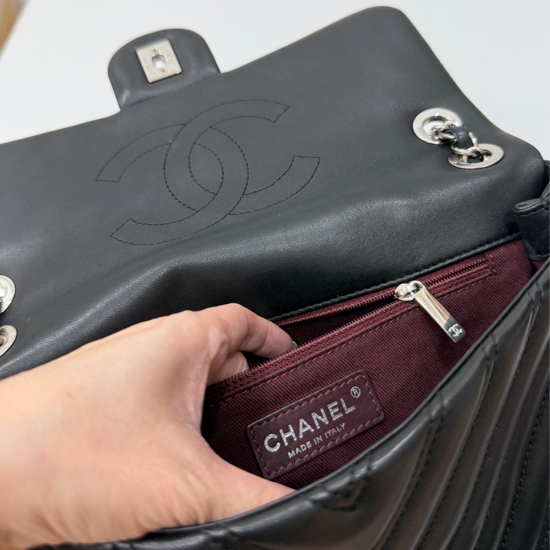 CHANEL 香奈兒 CF V紋 銀釦 黑 鍊條包 斜背包 手提包 側背包-28