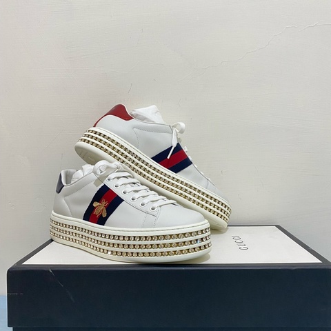 GUCCI 古馳 蜜蜂 刺繡增高厚底鑲鑽鞋 女 白色  尺寸35.5 全新 正品