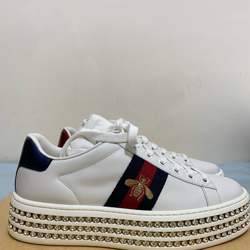 GUCCI 古馳 蜜蜂 刺繡增高厚底鑲鑽鞋 女 白色  尺寸35.5 全新 正品 現貨-1