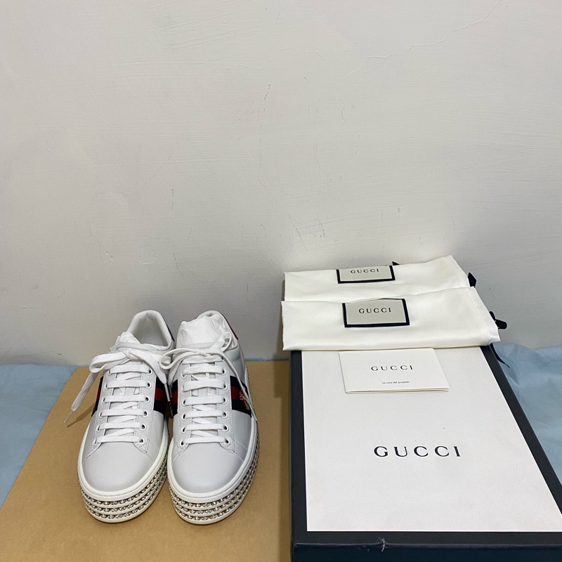 GUCCI 古馳 蜜蜂 刺繡增高厚底鑲鑽鞋 女 白色  尺寸35.5 全新 正品 現貨-4