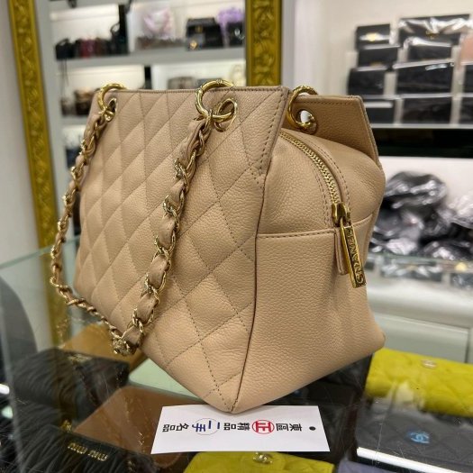 東區正精品㊣Chanel 香奈兒駝色荔枝牛皮金扣三層豆腐包肩背包手提包小款 VintageRZ6343-10