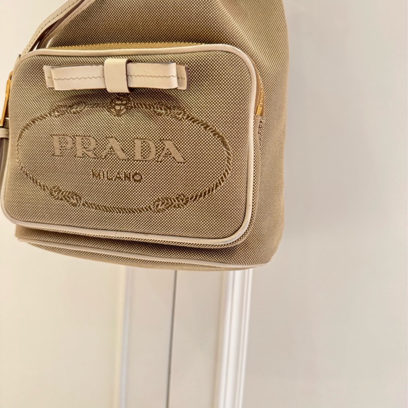 Prada緹花帆布皮邊手提/肩背水桶包-3