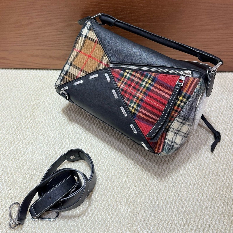 98新loewe/羅意威 格紋拼接puzzle中號手提包斜背包❤️正品-1