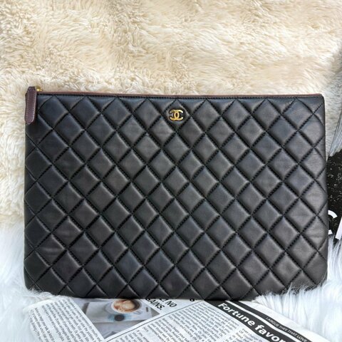 Chanel 手包 黑色 菱格紋 羊皮 大號 金扣