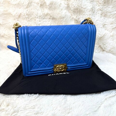 Chanel Leboy 藍金格紋牛皮 中號金扣
