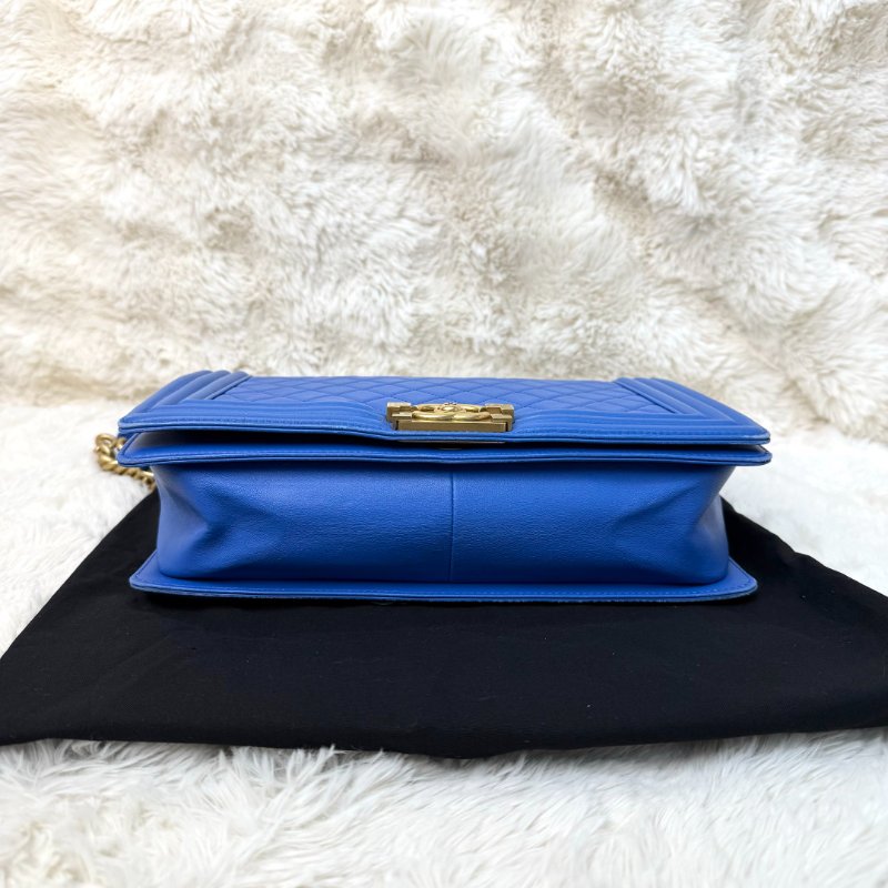 Chanel Leboy 藍金格紋牛皮 中號金扣-4